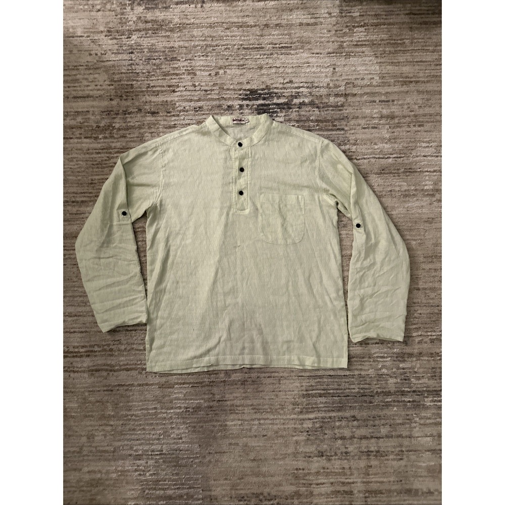Fabindia Cotton Tunic Shirt Men 42 Key Lime Mandarin Long Sleeve Buttons Pocket